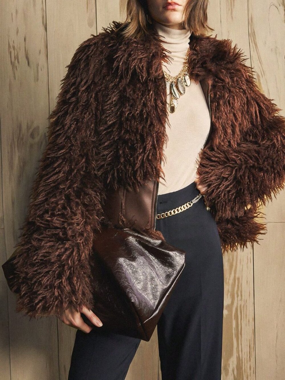 Brown Casual Women's Regular Fit Long Zipper Patchwork Faux Fur Short Jacket - Picture 1 of 8